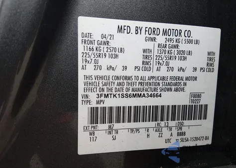 2021 Ford Mustang Mach-E Select z USA, uszkodzony, nr VIN 3FMTK1SS6MMA34664